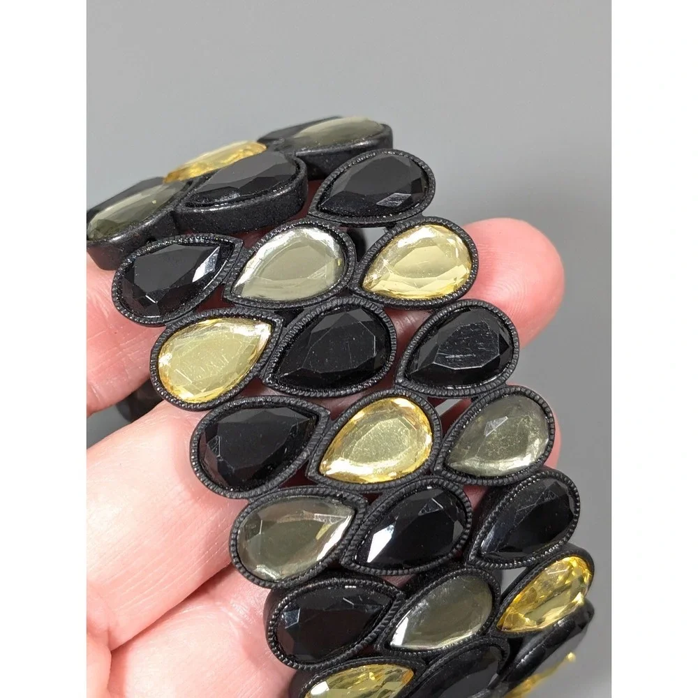 Black Yellow Teardrop Rhinestone Wide‎ Stretch Statement Bracelet